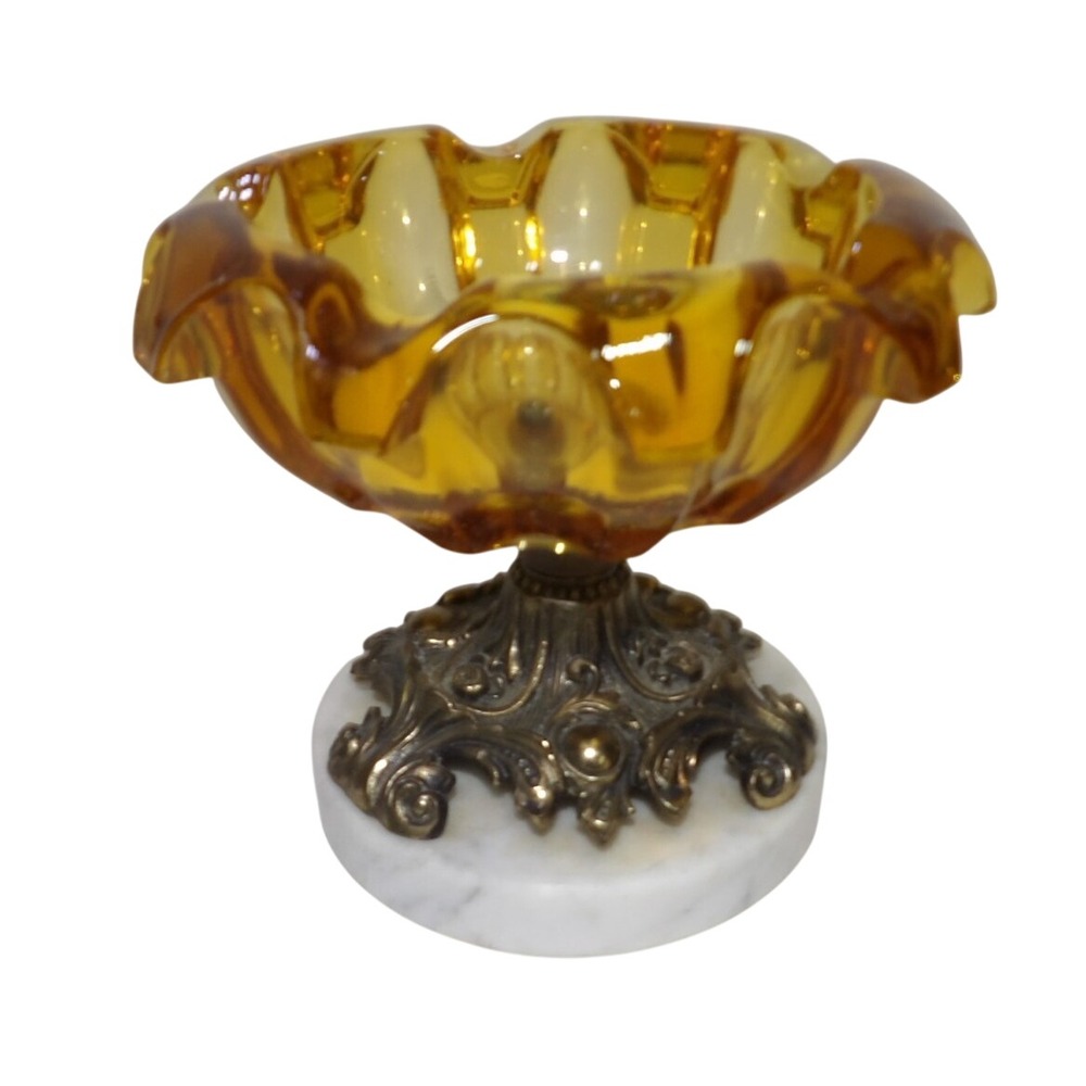 Vintage Amber Art Glass Pedestal Ashtray Bowl Ornate Brass & Marble Base